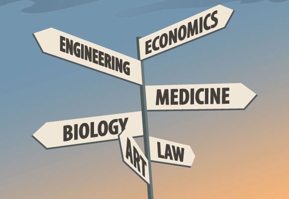 cross road signs with economics, engineering, medicine, biology, law and art