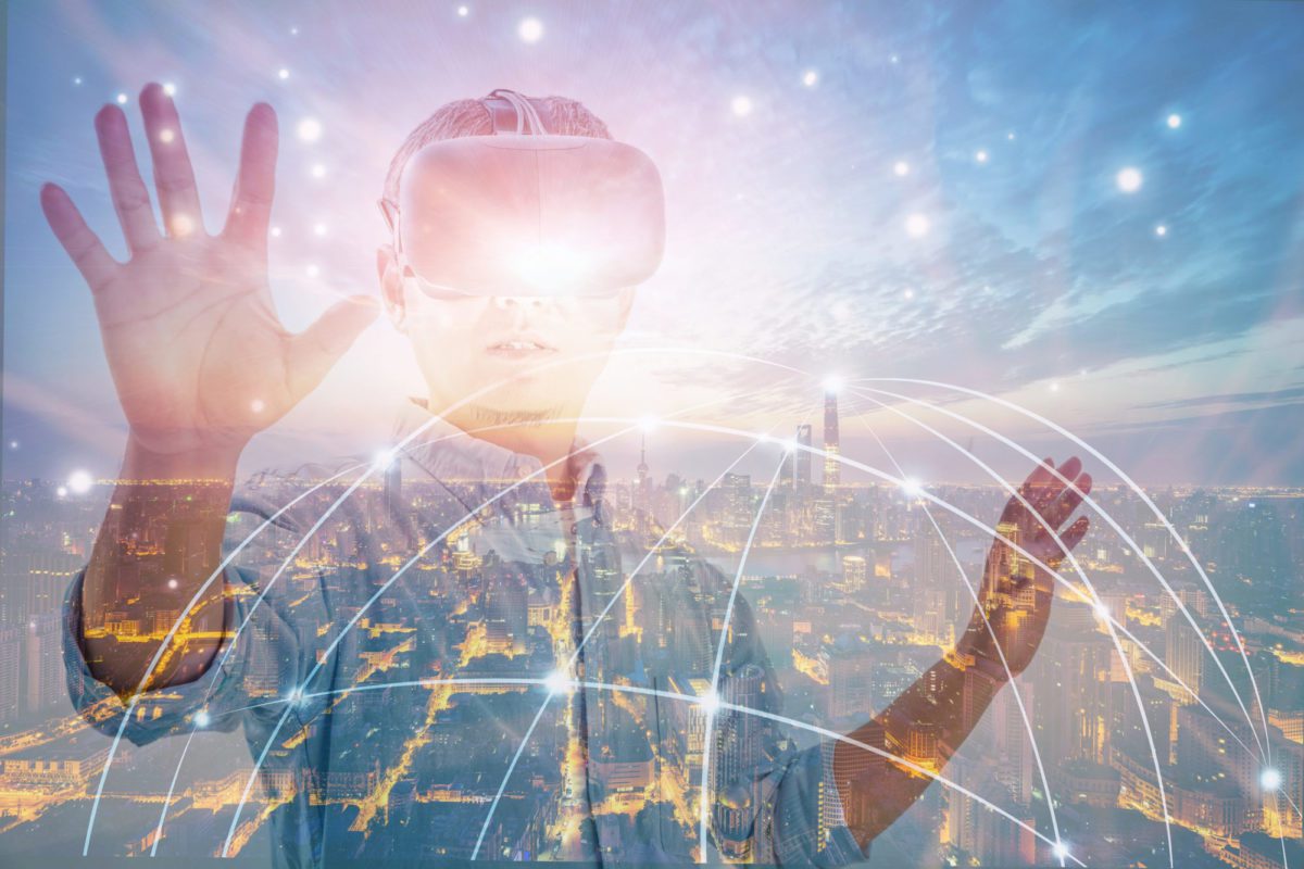 man wearing virtual reality glasses overlaid New York City