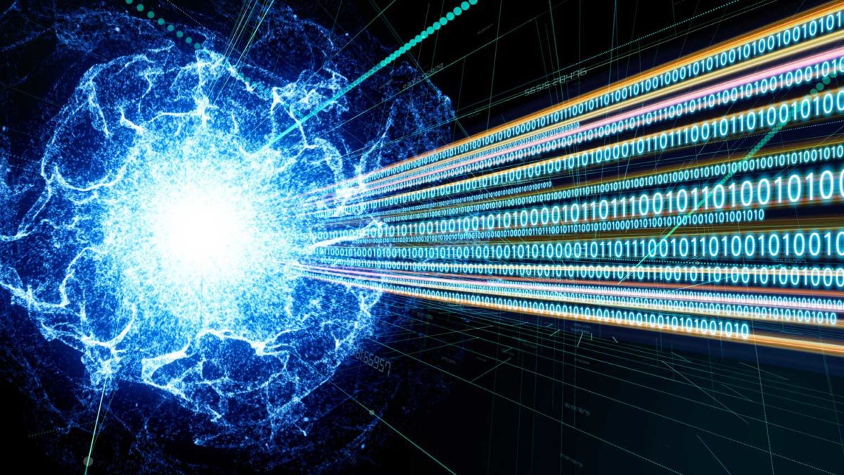 illustration of quantum computing: burst of light with numbers floating out of it