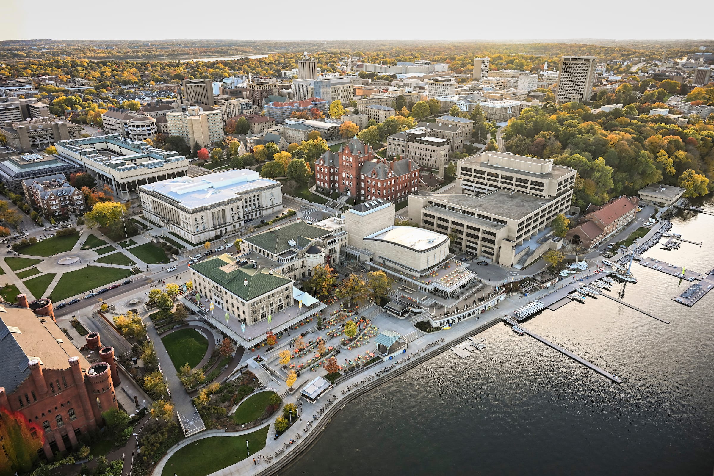 Aerial view of Memorial Library and Lake Mendota.