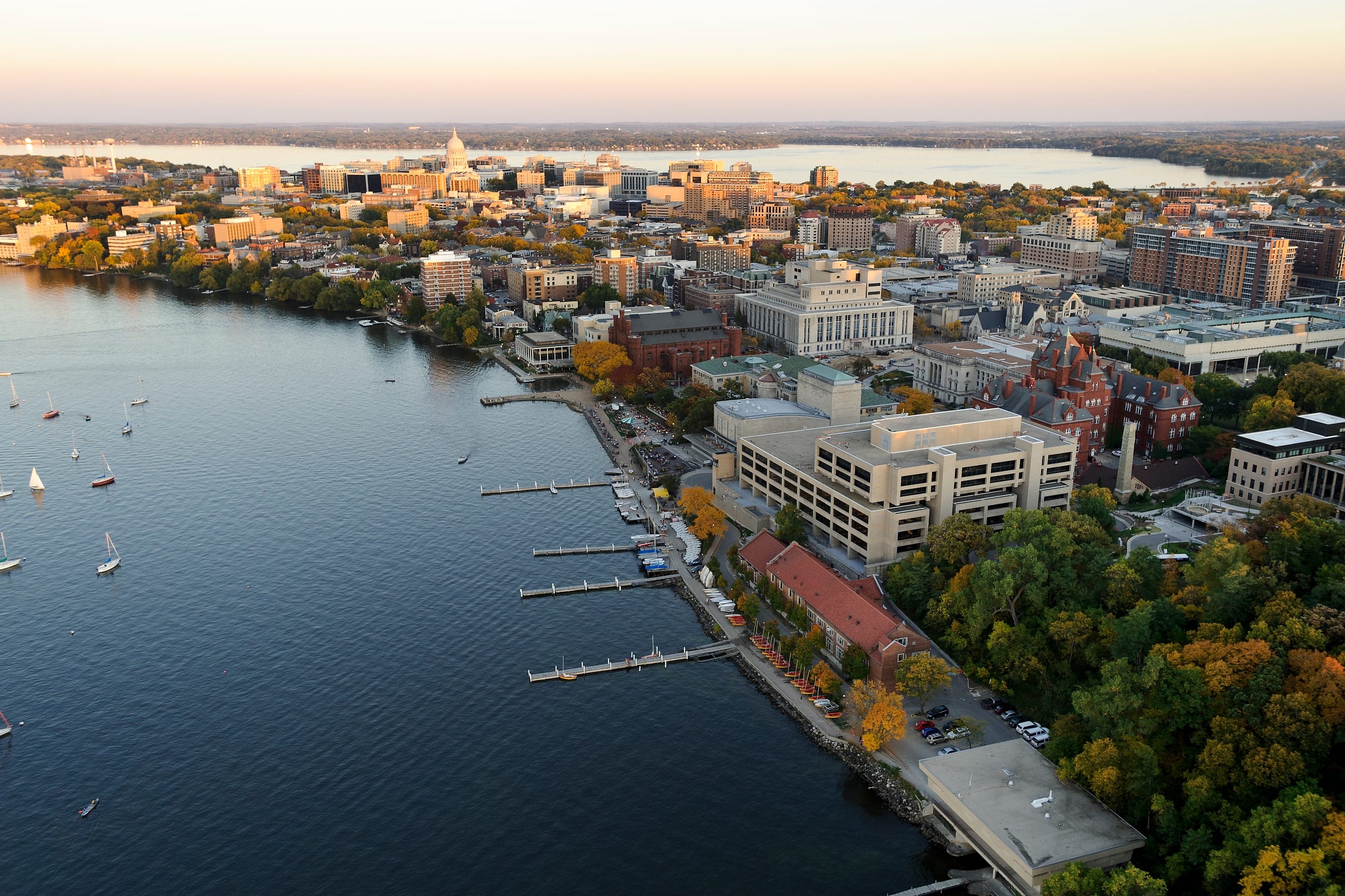 Aerial view of the side of UW-Madison campus.