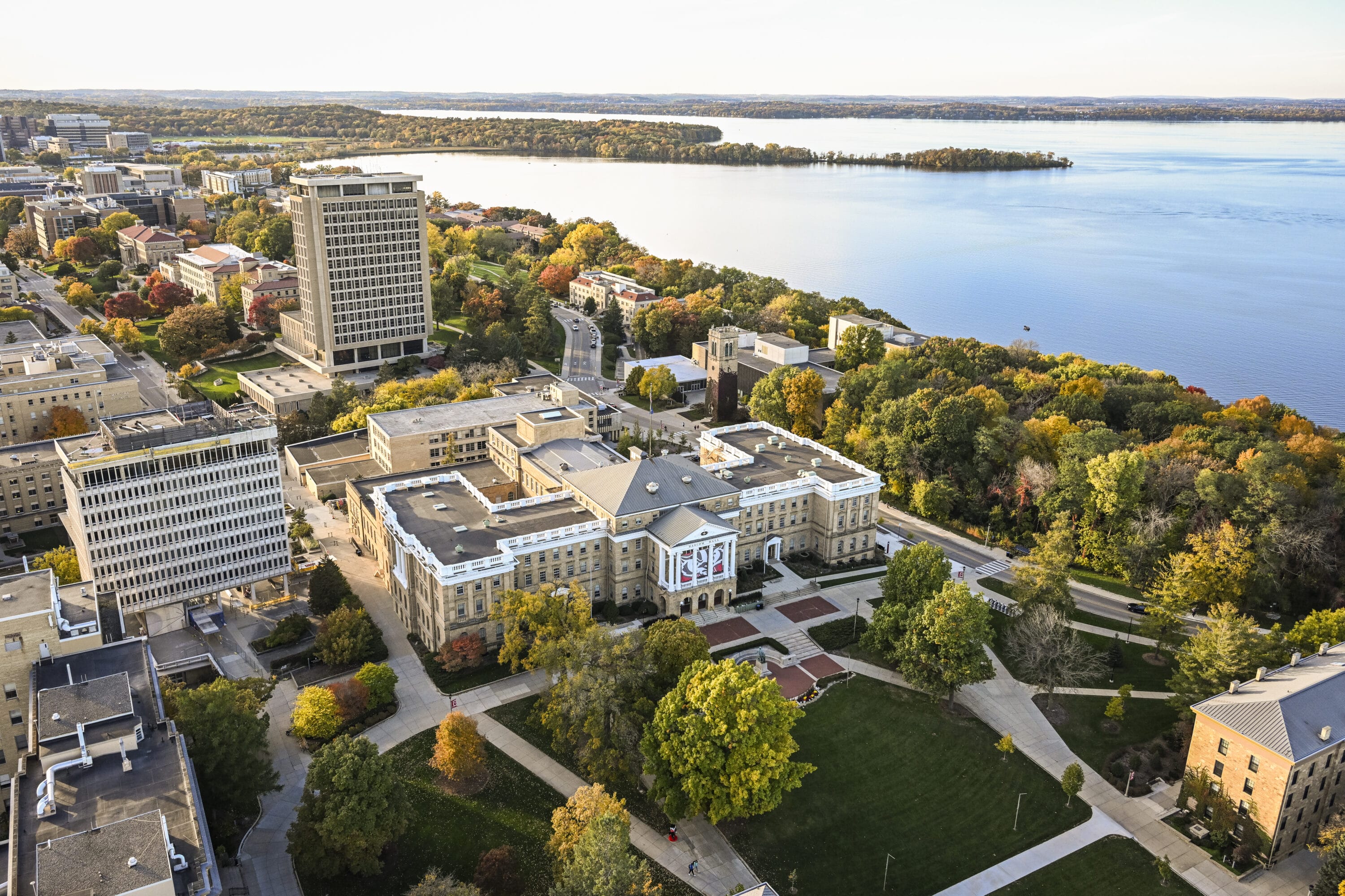 Bascom Hall and the central University of Wisconsin–Madison campus are pictured in an aerial view during a sunny autumn day