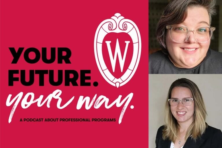A red graphic of advising coaches Marta and Emma for the Your Future. Your Way. podcast.