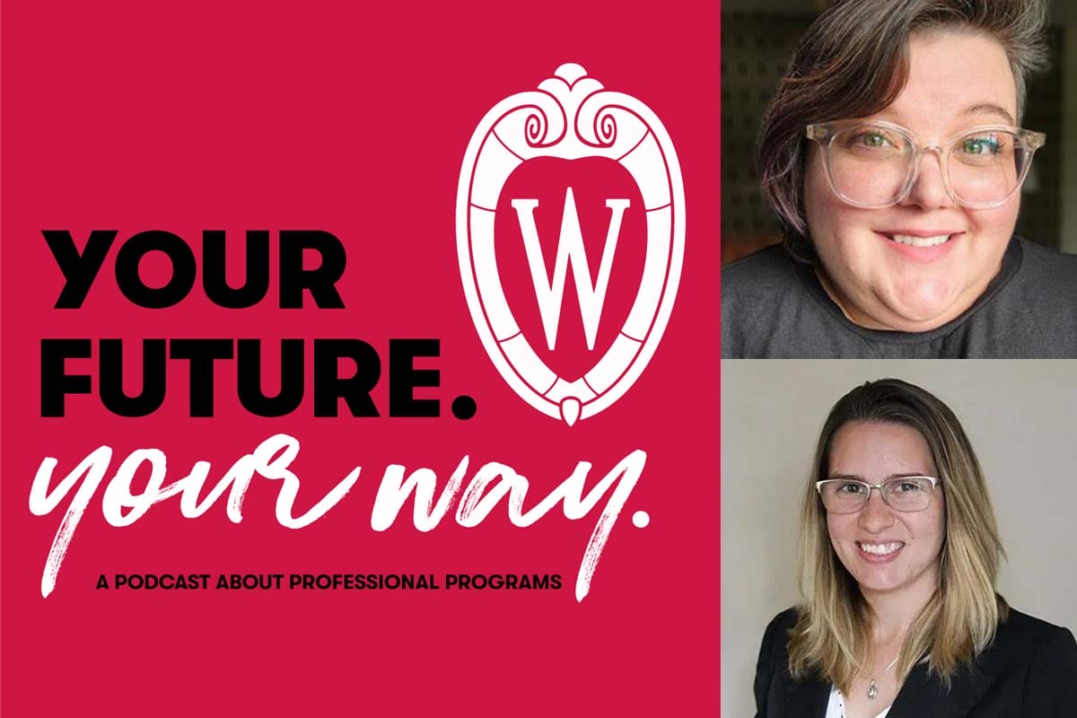 A red graphic of advising coaches Marta and Emma for the Your Future. Your Way. podcast.