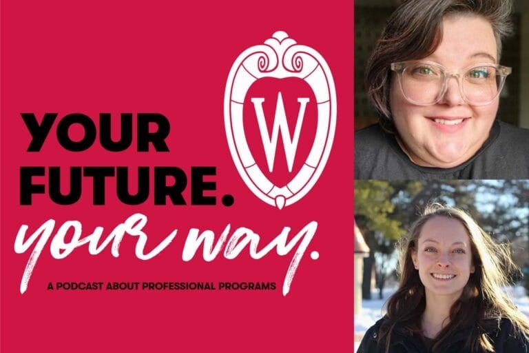 A red graphic of advising coaches Marta and Anna for the Your Future. Your Way. podcast.