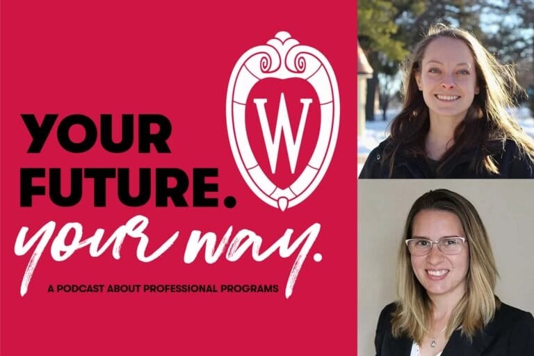 A red graphic of advising coaches Anna and Emma for the Your Future. Your Way. podcast.