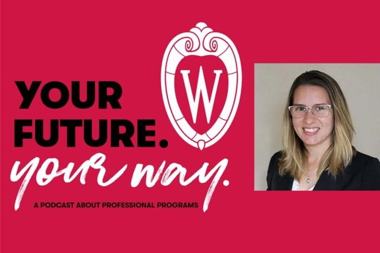 A red graphic of advising coach Emma for the Your Future. Your Way. podcast.
