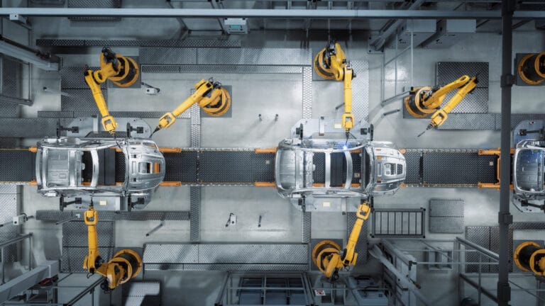 Aerial view of a car factory