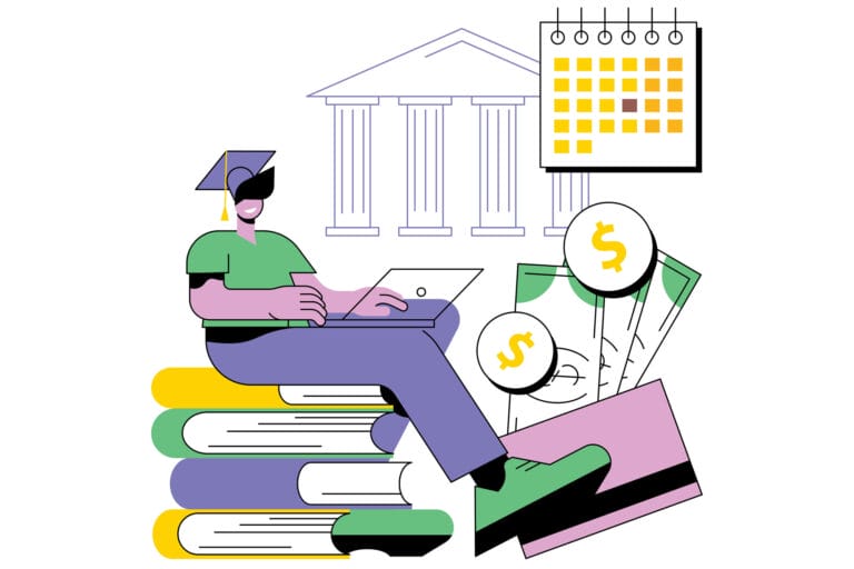Graphic of a figure sitting on a stack of books
