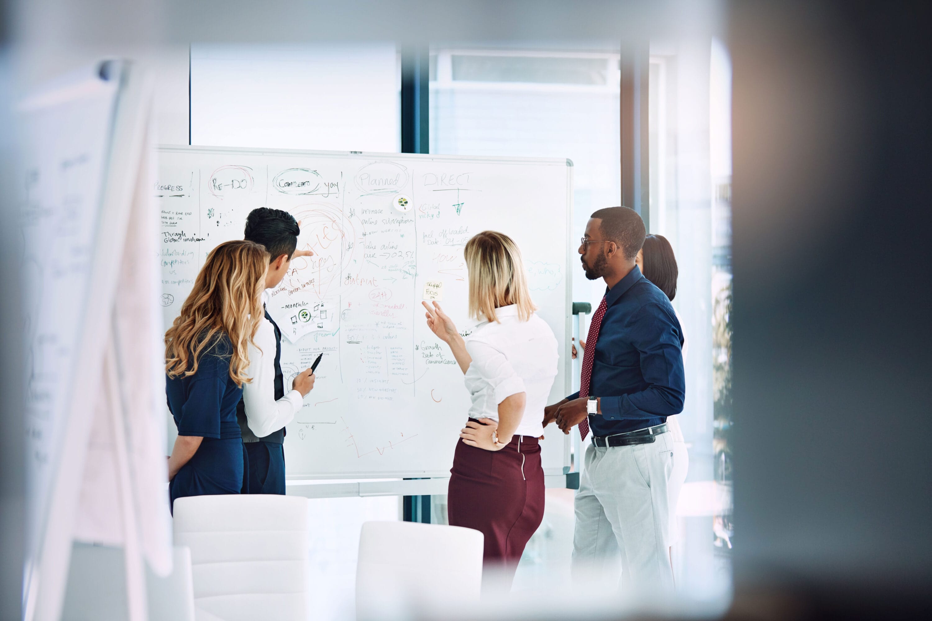 A group of five people working on a whiteboard together.