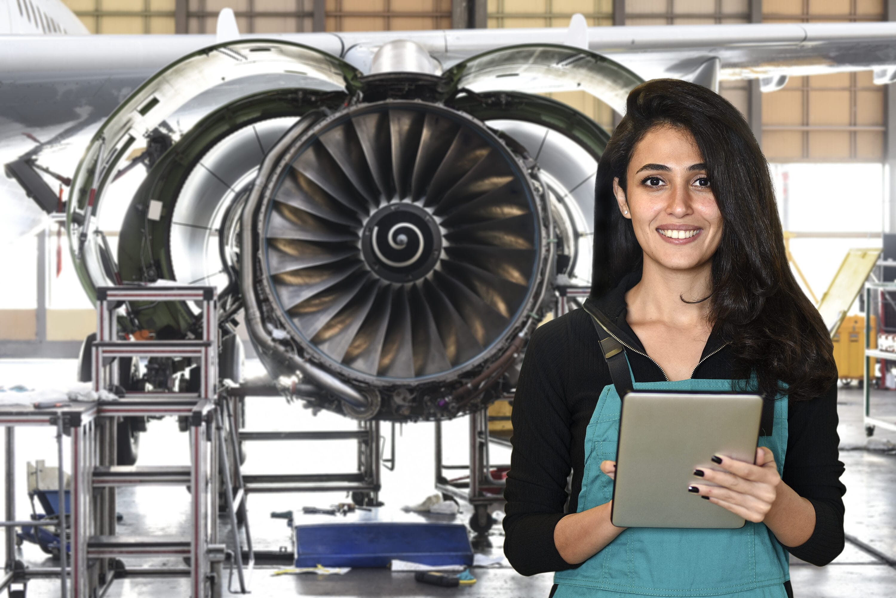 A woman holding a clipboard stands behind a turbine, smiling.