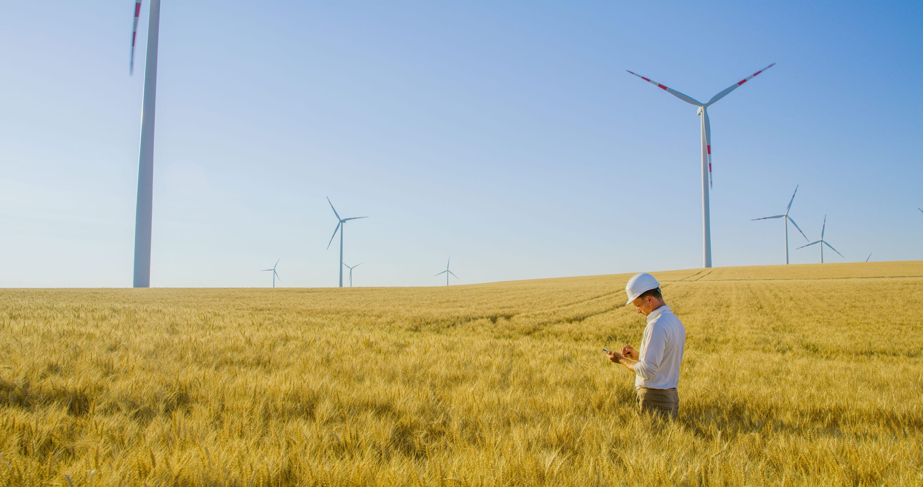 A man wearing a hardhat writing down notes as he stands in a field.