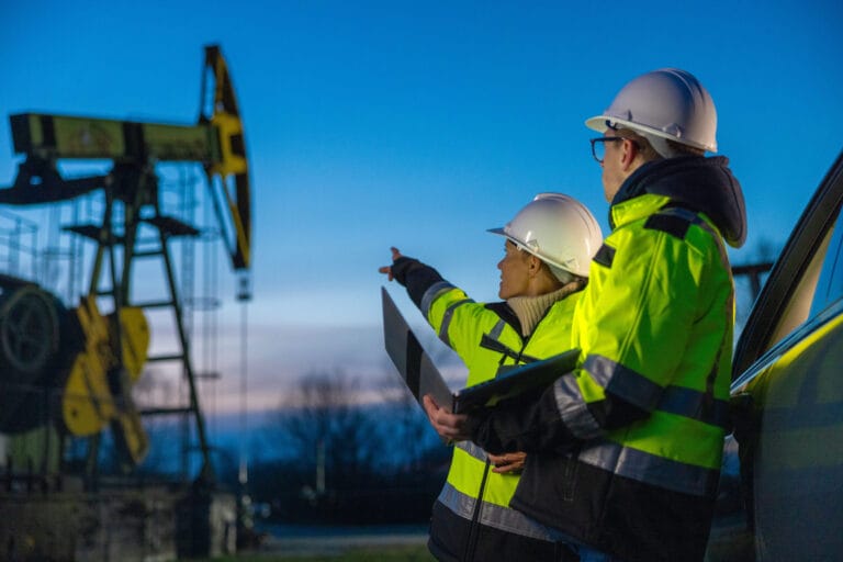 Two workers wearing hardhats and safety vests pointing at a piece of machinery onsite.