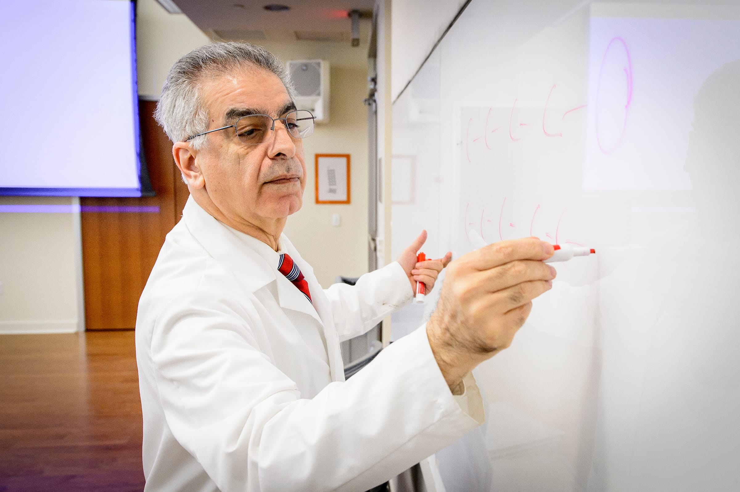 Professor Sarmadi Majid writing on a whiteboard.