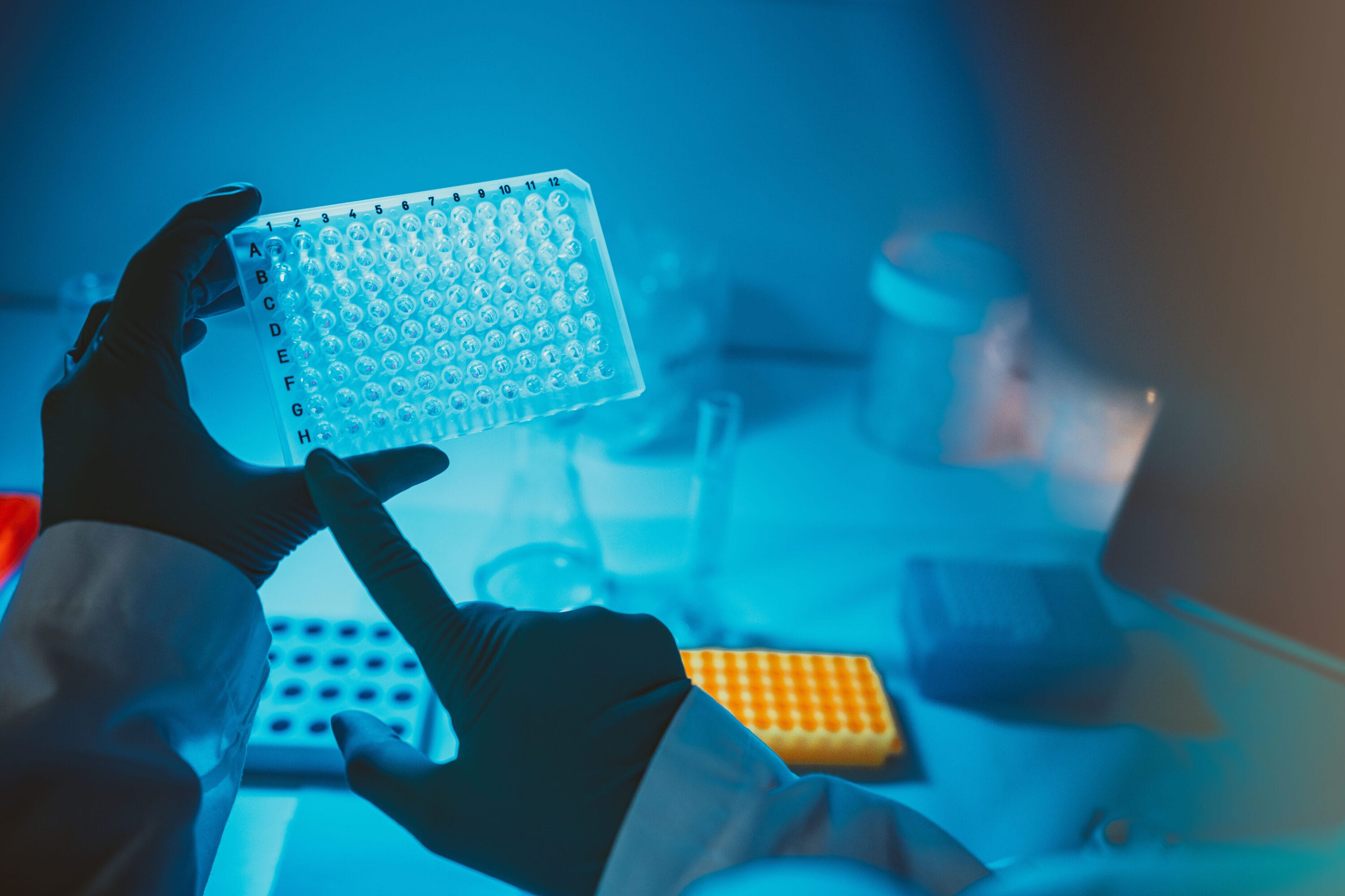 A pair of gloved hands reviewing trays of drugs.