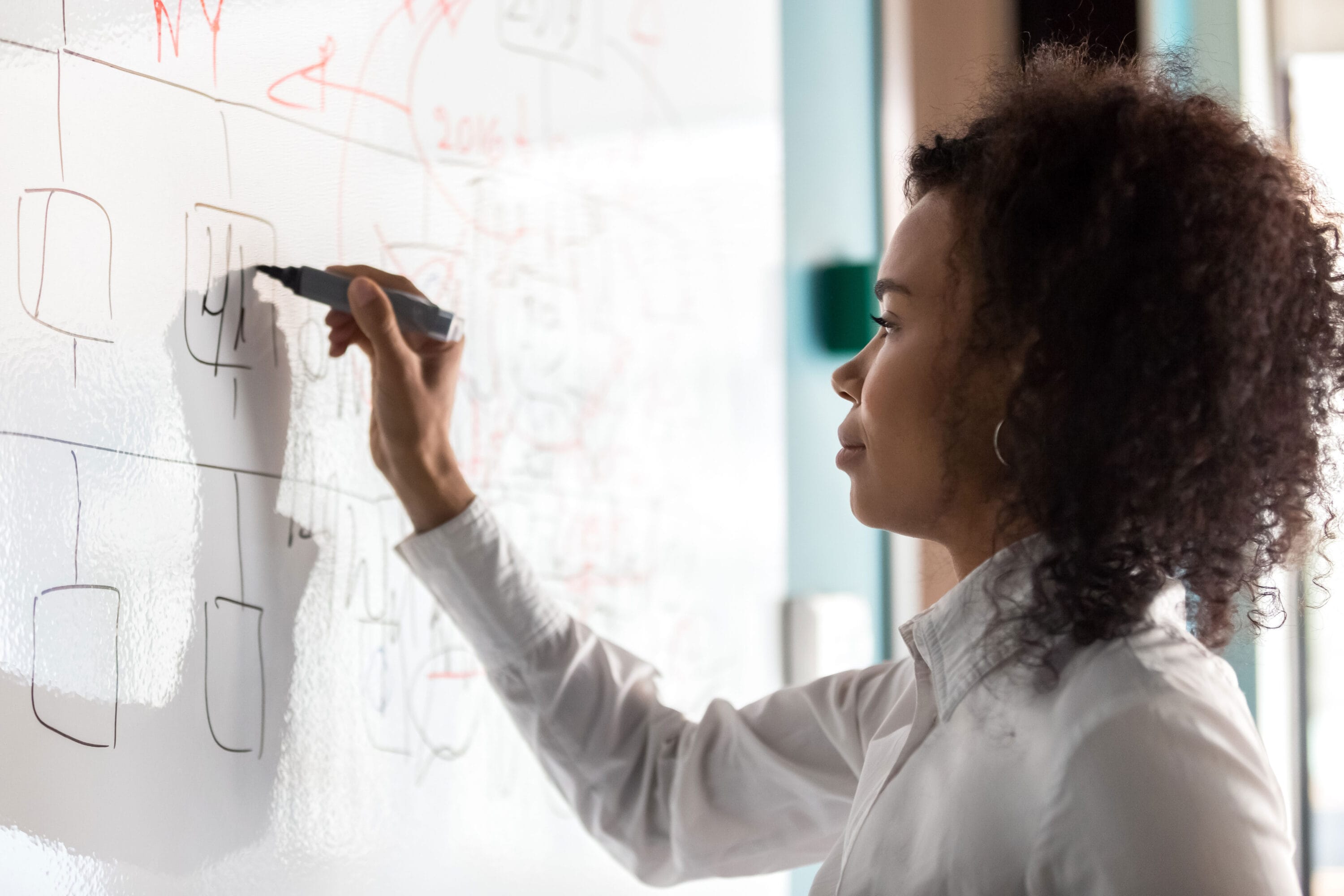 A woman working on engineering plans on a whiteboard.